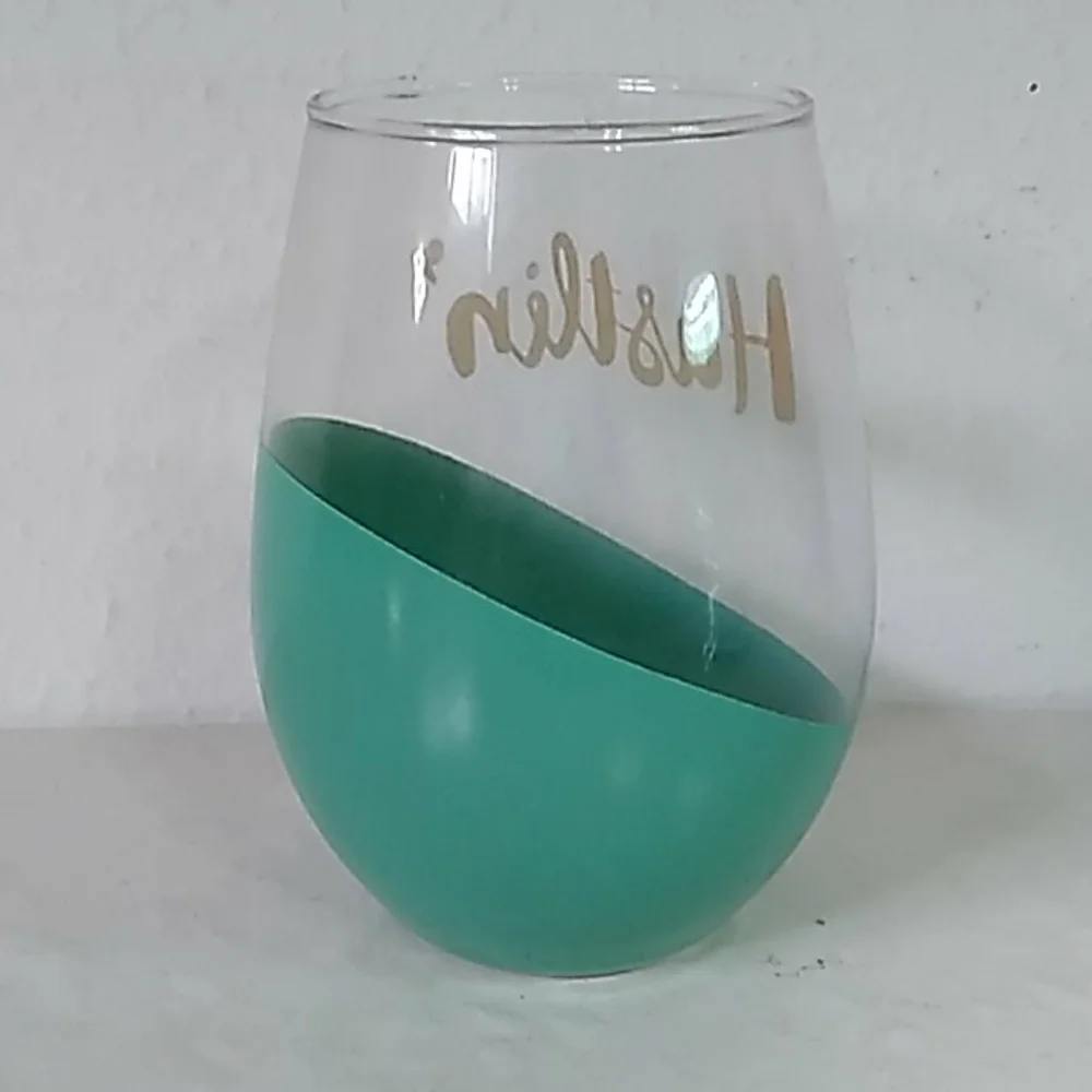NWT stemless wine glass hustlin' gold & Teal